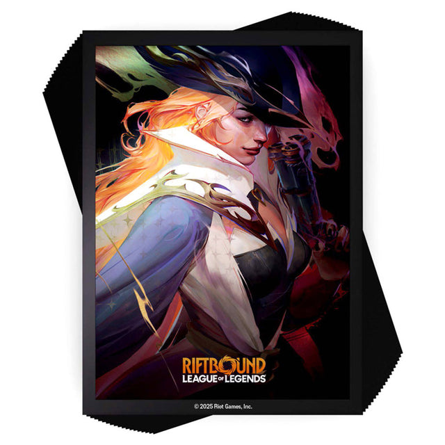 Miss Fortune deck sleeves from Riftbound by UVS Games featuring colorful artwork and card protective design.