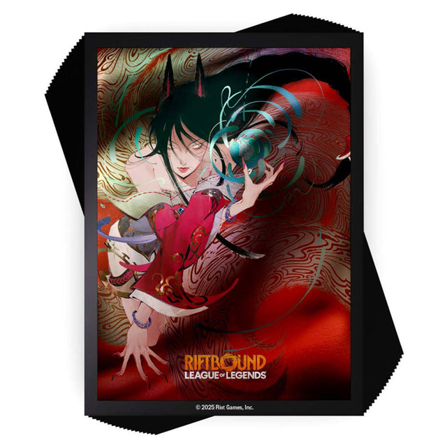 UVS Games Riftbound Ahri deck sleeves featuring vibrant artwork of the popular game character in protective card sleeves.