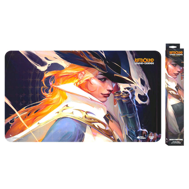 Miss Fortune playmat from Riftbound by UVS Games, featuring colorful artwork and detailed design for gaming sessions.
