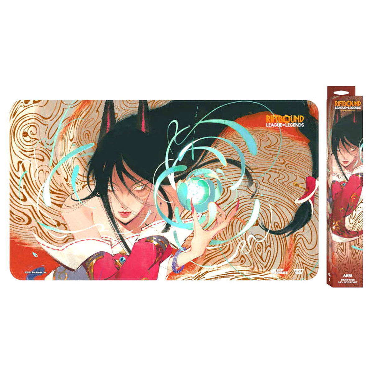 UVS Games Riftbound Ahri playmat featuring colorful artwork of the popular League of Legends character Ahri on a detailed gaming surface.
