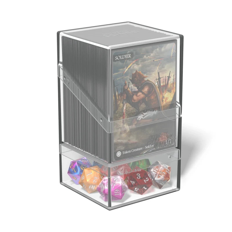 Clear Ultimate Guard Boulder'n'Tray 100+ deck case for card storage, featuring a sturdy design and secure tray for trading card collection.