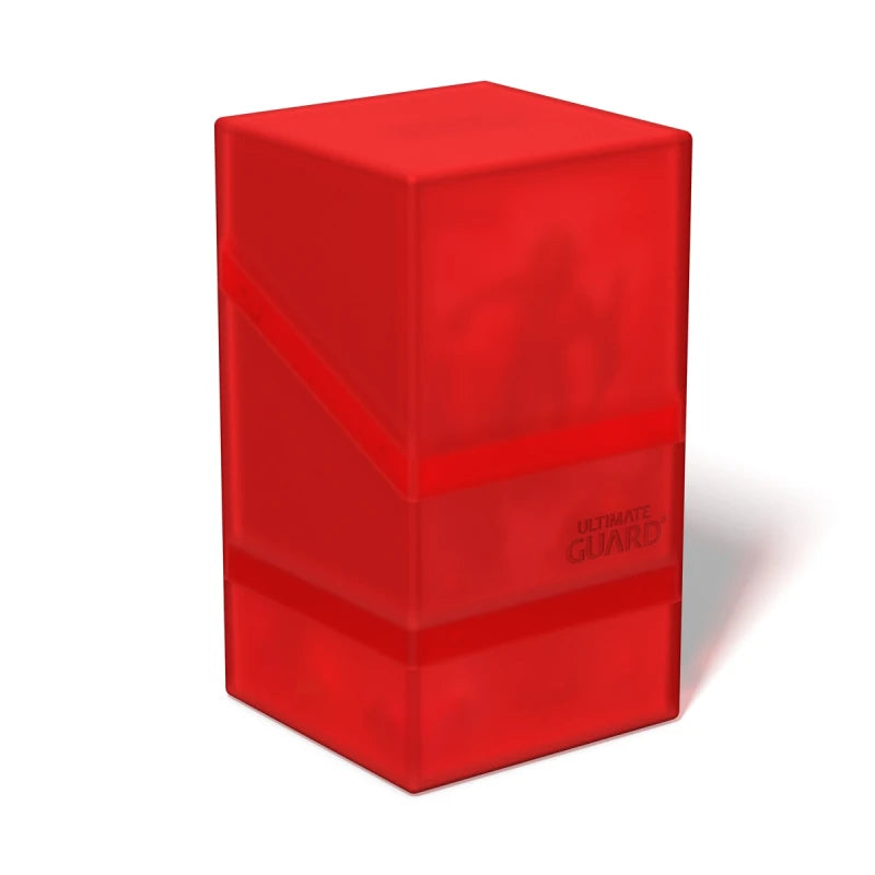 Ultimate Guard Boulder'n'Tray 100+ deck case with ruby-colored exterior and tray for storing and organizing trading cards.