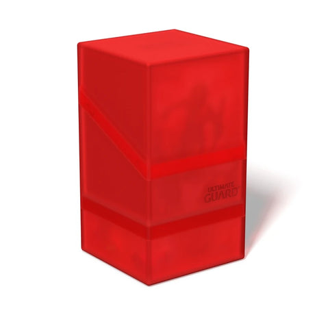 Ultimate Guard Boulder'n'Tray 100+ deck case with ruby-colored exterior and tray for storing and organizing trading cards.