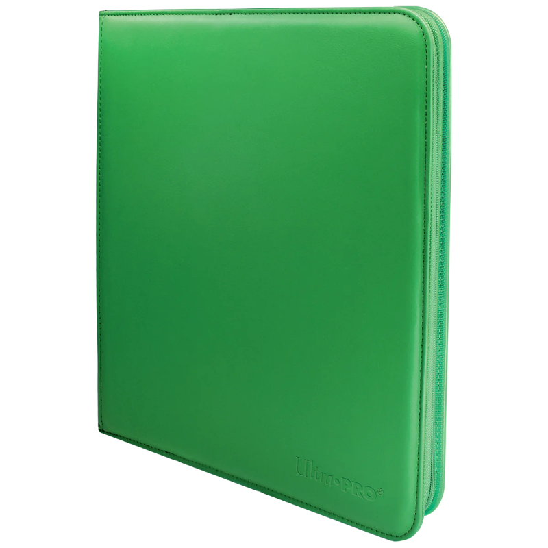Ultra Pro Vivid 12-Pocket Pro Zippered Binder showing the black exterior, zipper closure, and transparent pockets for collectible cards.