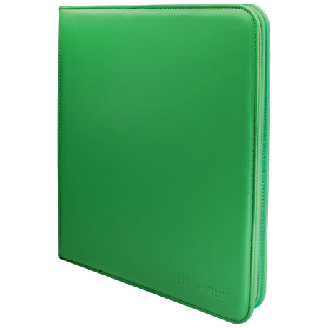 Ultra Pro Vivid 12-Pocket Pro Zippered Binder showing the black exterior, zipper closure, and transparent pockets for collectible cards.
