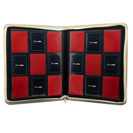 Red Ultra Pro 9-pocket zippered Vivid Deluxe binder with clear pages for storing trading cards or collectibles.
