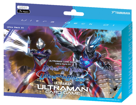 Ultraman TCG Ultraman Tiga and Ultraman Blazar collectible trading card deck by Tsuburaya, featuring character artwork and card designs.
