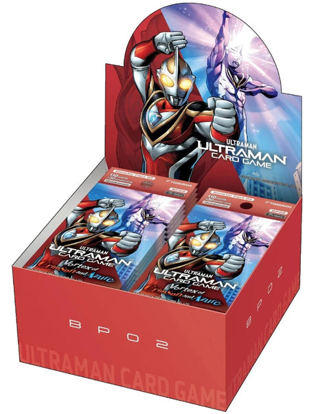 Ultraman TCG Vortex of Crimson and Azure booster box by Tsuburaya featuring collectible trading cards in vibrant red and blue design.