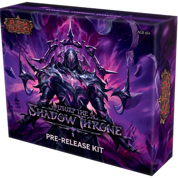 Flesh and Blood Usurp the Shadow Throne Pre-Release Kit with game cards, tokens, and accessories for the collectible card game.