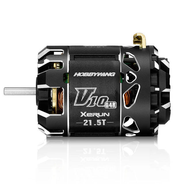Hobbywing XERUN V10 G4R 21.5T RC car motor with sleek black design and silver cooling fins, optimized for racing performance.