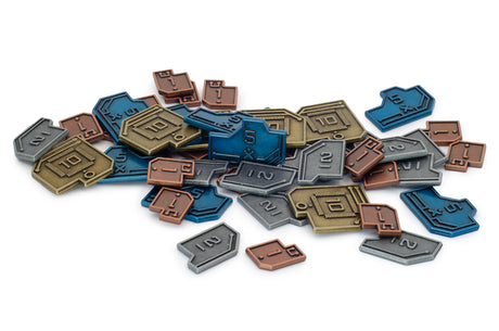 Close-up of Vantage Metal Coins by Stonemaier Games, showcasing shiny, detailed metal currency coins for tabletop gaming.