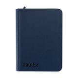 Vault X Exo-Tech 9-Pocket Zip Binder in blue, showing a close-up of the durable binder with multiple transparent pockets.