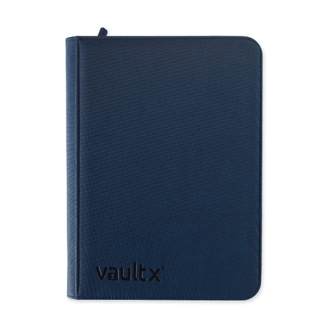 Vault X Exo-Tech 9-Pocket Zip Binder in blue, showing a close-up of the durable binder with multiple transparent pockets.