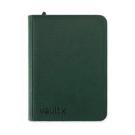 Vault X Exo-Tech 9-Pocket Zip Binder in green with clear pockets for organizing cards or documents.