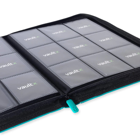Vault X Exo-Tech 9-Pocket Zip Binder with clear interior view showing multiple storage pockets for organizing cards or documents.