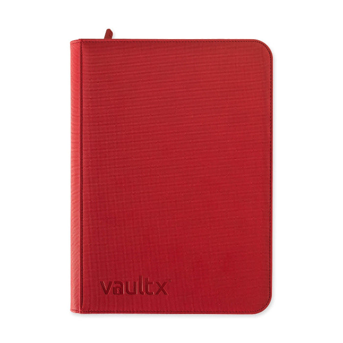 Vault X Exo-Tech 9-pocket zip binder in red, showing durable construction and multiple card storage pockets.
