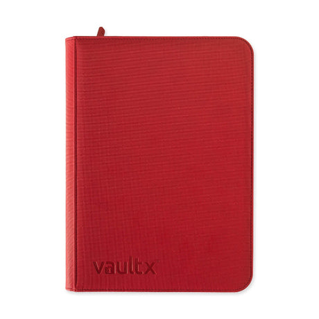 Vault X Exo-Tech 9-pocket zip binder in red, showing durable construction and multiple card storage pockets.