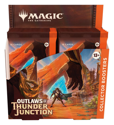 Collector booster box of Magic: The Gathering Outlaws of Thunder Junction by Wizards of the Coast, featuring colorful card art and packaging.