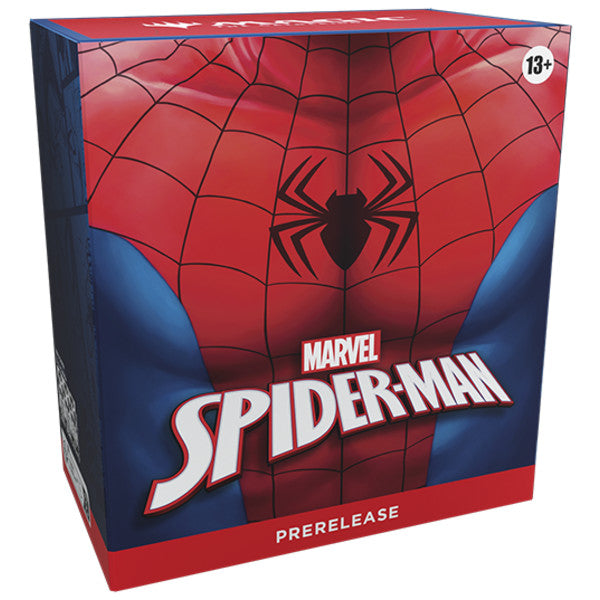 MTG Spider-Man Prerelease Pack featuring Wizards of the Coast branding, with colorful Spider-Man themed cards and packaging.