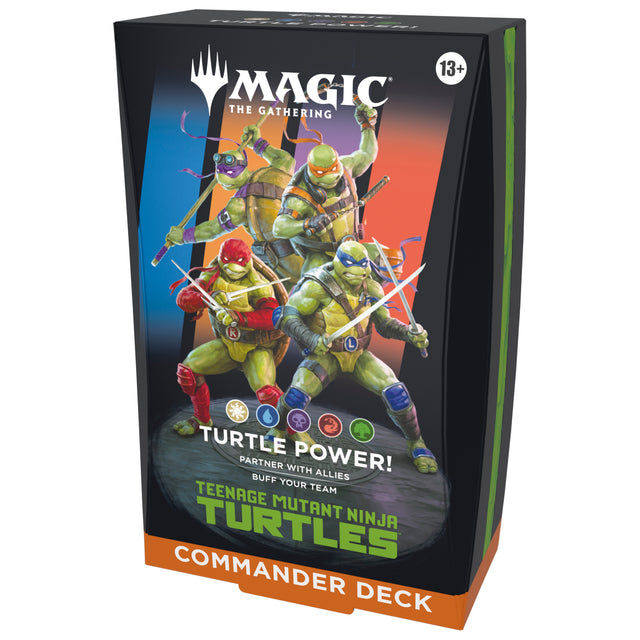 Teenage Mutant Ninja Turtles Commander Deck by Wizards of the Coast with colorful cards and artwork featuring turtles in action.