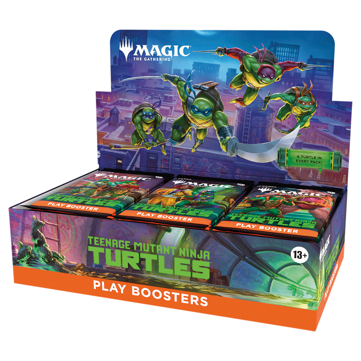 Teenage Mutant Ninja Turtles Play Booster by Wizards of the Coast featuring colorful cards and TMNT-themed artwork.