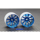 Blue chrome GL Racing R10 AWD rims with intricate spoke design, shown on a vehicle wheel for a sleek, sporty look.