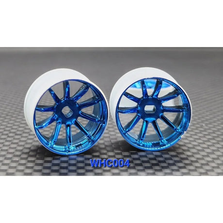 Blue chrome GL Racing R10 AWD rims with intricate spoke design, shown on a vehicle wheel for a sleek, sporty look.