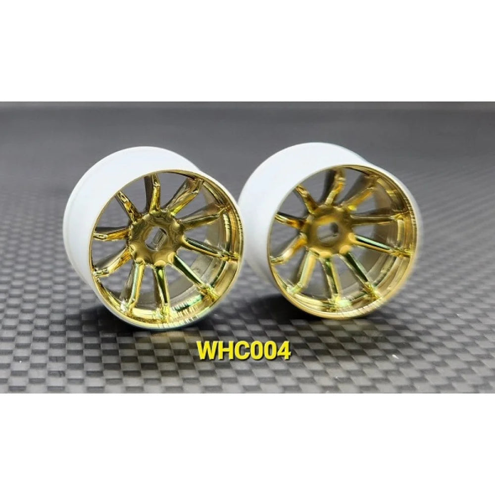 GL Racing R10 Gold Chrome AWD rims, close-up view showing shiny gold finish and detailed wheel design.