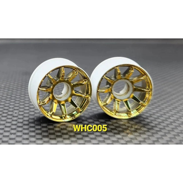 GL Racing R10 Gold Chrome RWD rims, close-up of shiny, stylish wheel with intricate spoke design and glossy finish.