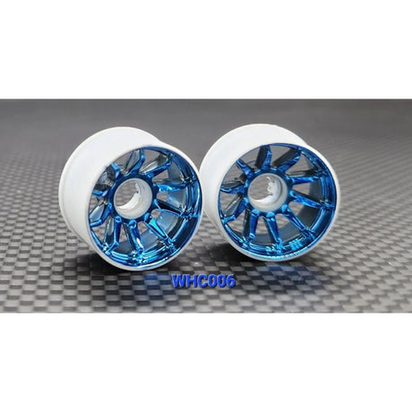 Blue chrome GL Racing R10 RWD rims with a sleek, shiny finish, shown mounted on a vehicle with detailed close-up view.