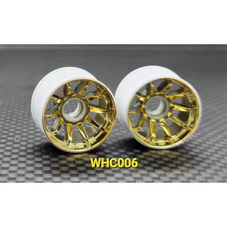 GL Racing R10 Gold Chrome RWD rims, close-up of shiny, detailed alloy wheels with a sleek design and polished finish.