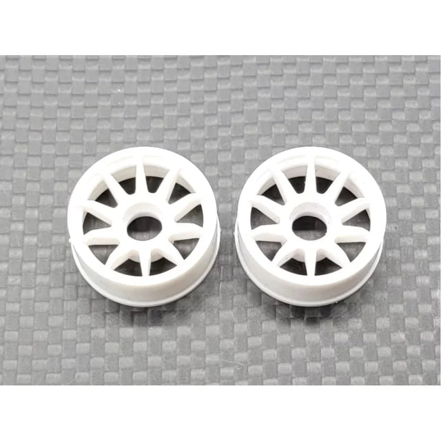 White RWD RC car rims by GL Racing, lightweight and durable, designed for remote control car modifications.