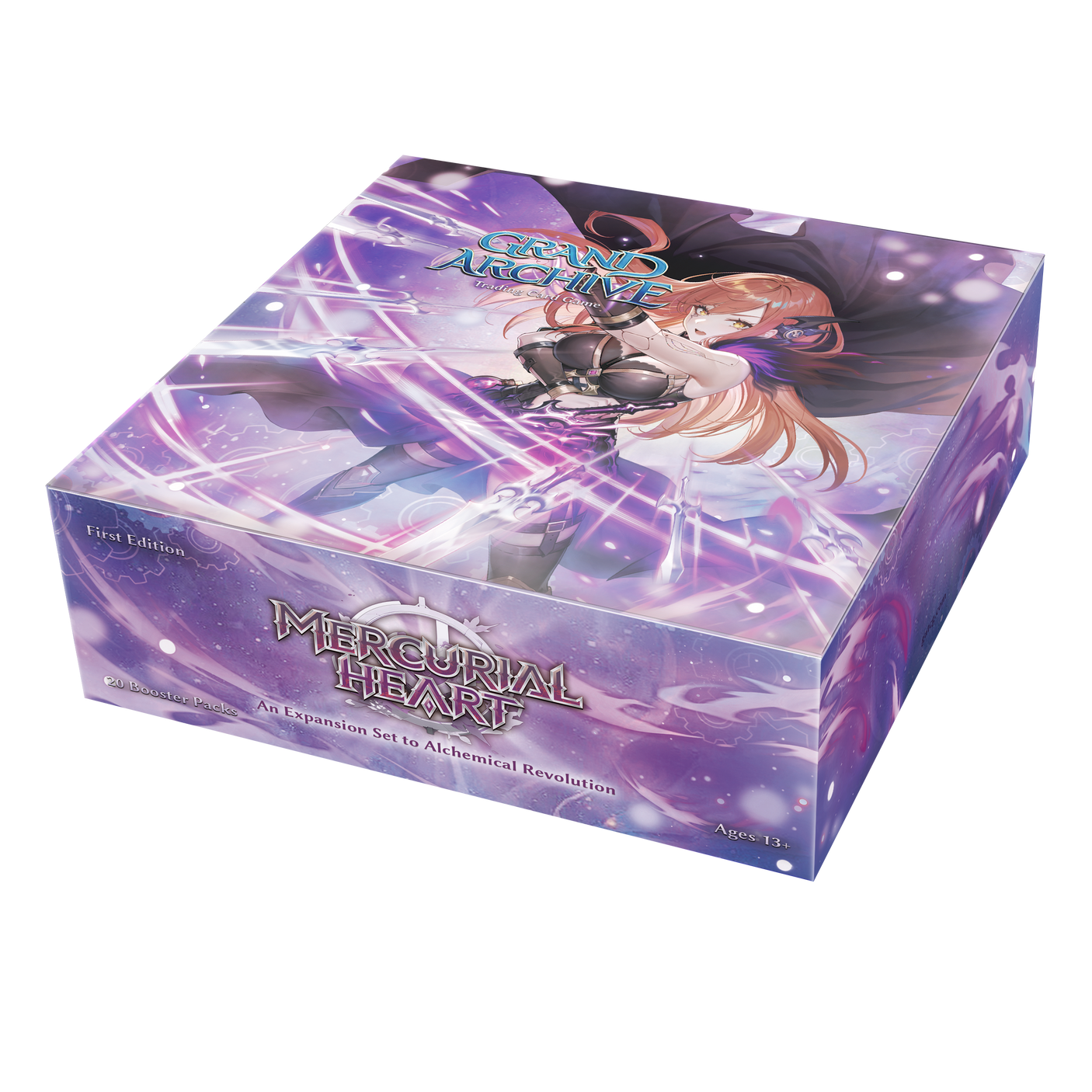 First edition booster pack of Grand Archive TCG Mercurial Heart by Weebs of the Shore, featuring colorful card artwork.