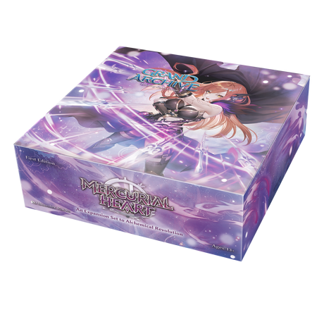 First edition booster pack of Grand Archive TCG Mercurial Heart by Weebs of the Shore, featuring colorful card artwork.