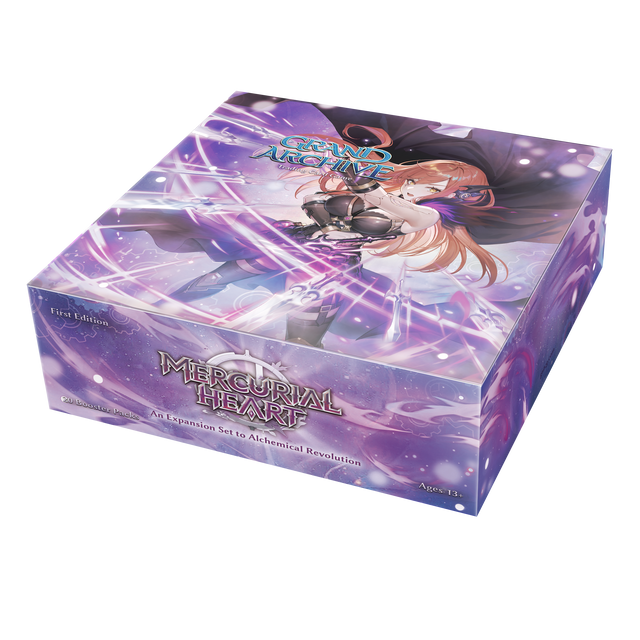First edition booster pack of Grand Archive TCG Mercurial Heart by Weebs of the Shore, featuring colorful card artwork.