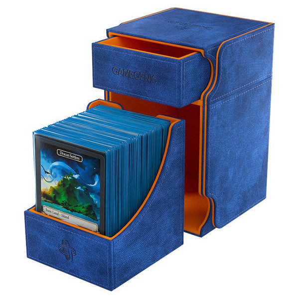 Gamegenic Watchtower 100+ XL Convertible travel case in blue and orange, designed for storing gaming accessories safely.