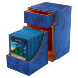 Gamegenic Watchtower 100+ XL Convertible travel case in blue and orange, designed for storing gaming accessories safely.
