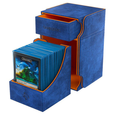 Gamegenic Watchtower 100+ XL Convertible travel case in blue and orange, designed for storing gaming accessories safely.