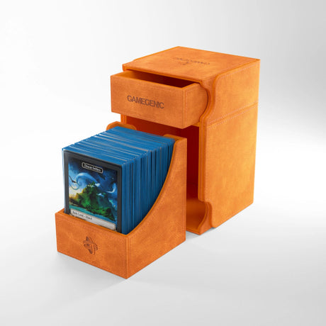Orange Gamegenic Watchtower 100+ XL Convertible storage case with adjustable dividers for gaming accessories and collectibles.