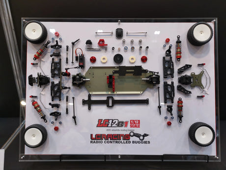LC Racing LC12B1-HK 1/12 4WD competition buggy kit with motor and ESC, shown with assembled chassis and detailed components.