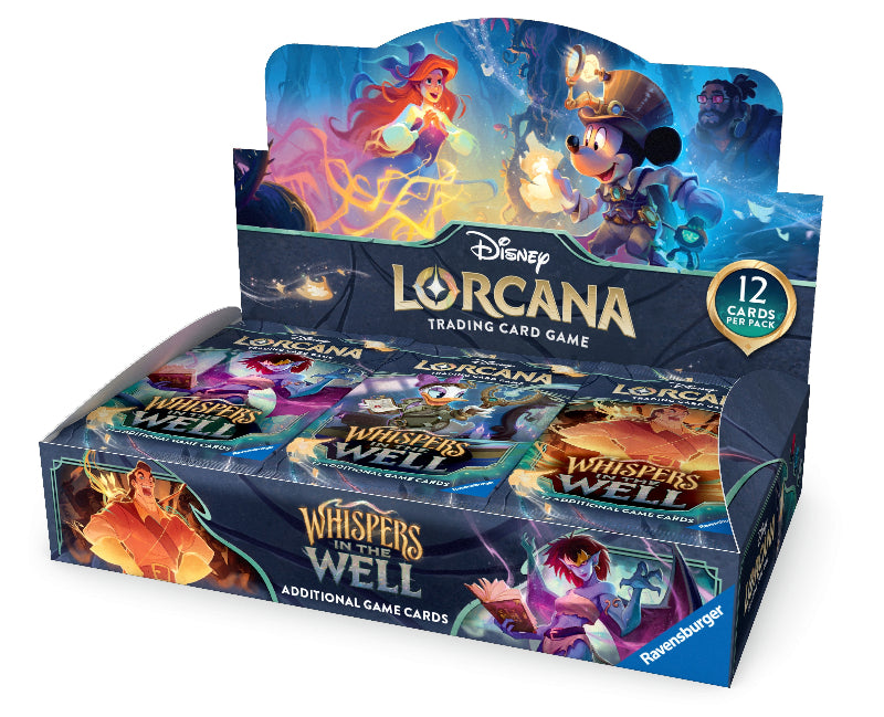 Lorcana TCG Whispers in the Well Booster Box featuring colorful card packaging and artwork from the Lorcana trading card game.