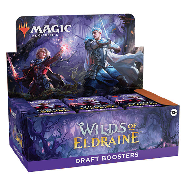Wilds of Eldraine Draft Booster Box by Wizards of the Coast featuring colorful fantasy-themed card packaging.