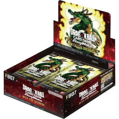 Bandai Dragon Ball Fusion World Wish for Shenron booster box featuring colorful packaging with Dragon Ball characters and Shenron imagery.