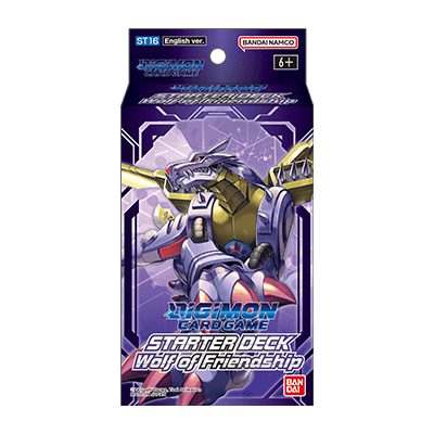 Digimon TCG Wolf of Friendship Starter Deck featuring colorful Digimon cards and game accessories from Bandai.