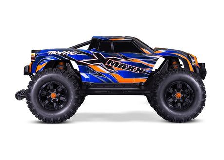 Traxxas X-Maxx 8s belted monster truck with large tires and vibrant orange body, ready for off-road racing.