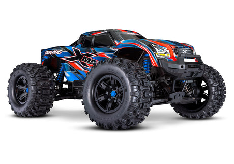 Traxxas X-Maxx 8s belted monster truck with large tires and detailed body, shown on rugged terrain.