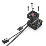 Hobbywing XERUN XR14 2S RC car ESC with sleek black and silver design, mounted on a remote control vehicle.
