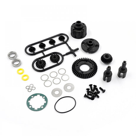 Hobby Addicts Xpress shaft-driven gear differential set with gears and components laid out for RC car assembly.