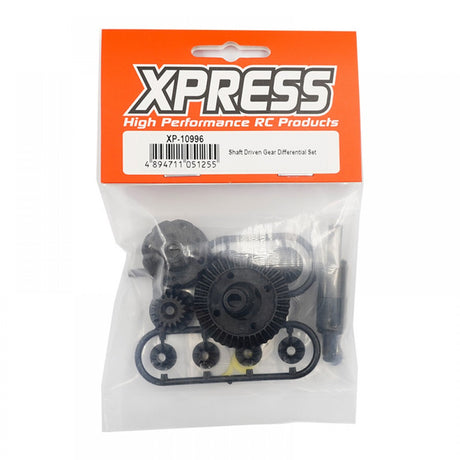 Hobby Addicts Xpress shaft-driven gear differential set in packaging, with metal gears and components visible.