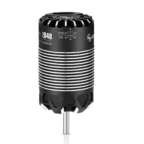 Hobbywing XERUN 2848 sensored RC car motor with sleek black and silver design, showing the motor’s detailed construction and branding.